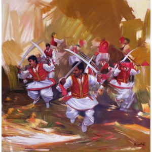 Mariam Mughal, Khattak Dance, 48 x 48, Oil on Canvas, Figurative Painting, AC-MRM-001